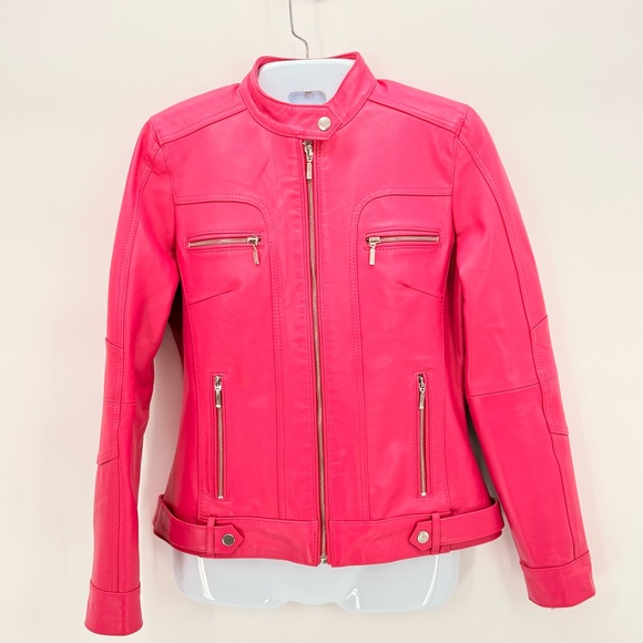 Khavara Pink Genuine Leather Moto Jacket Cropped Zip Biker Women’s Size Small - Picture 2 of 12